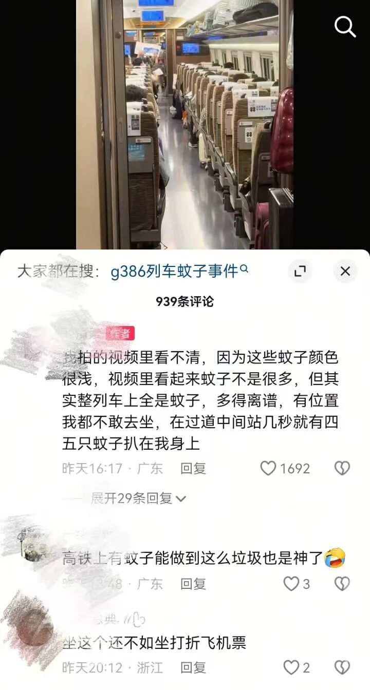 高鐵車廂內蚊蟲問題